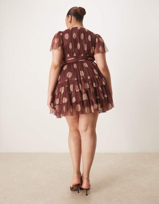 Lace & Beads Plus tulle v-neck ruffle tiered mini dress in brown polka dot, 2 of 4