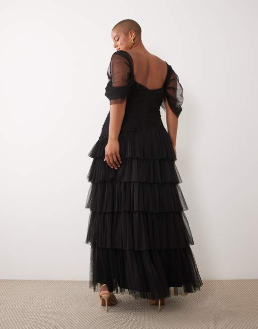 Lace & Beads Plus tullesweetheart fallen shoulder asymmetric ruffle detail maxi dress in black, 4 of 4