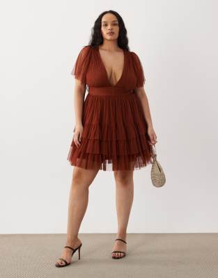 Lace & Beads Plus V Neck Ruffle Skirt Mini Dress In Orange