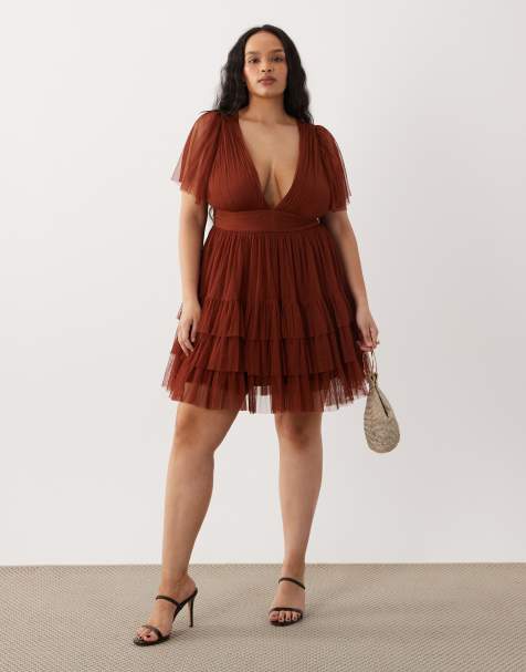 Lace & Beads Plus v neck ruffle skirt mini dress in rust - view 1