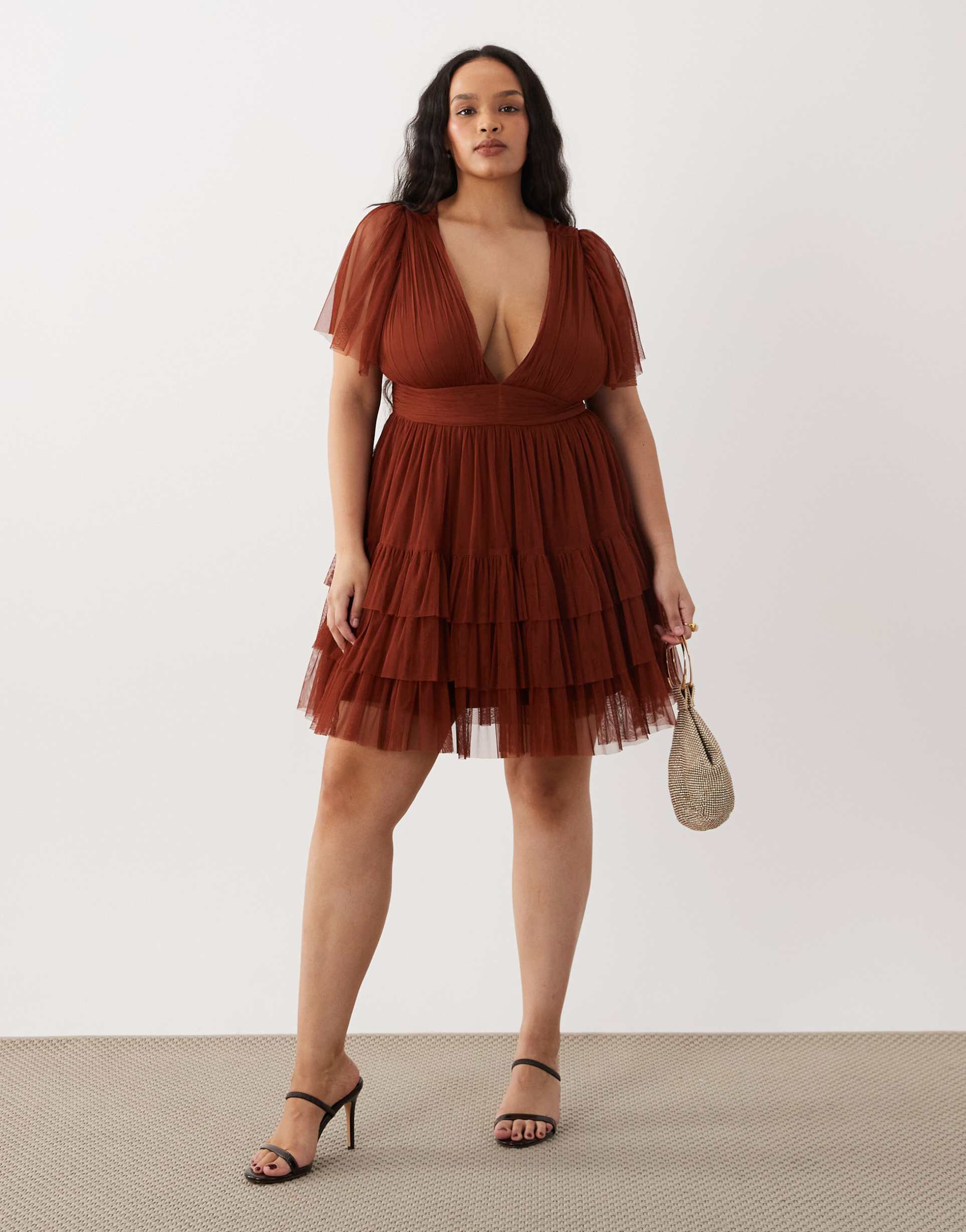 lace & beads plus v neck ruffle skirt mini dress in rust