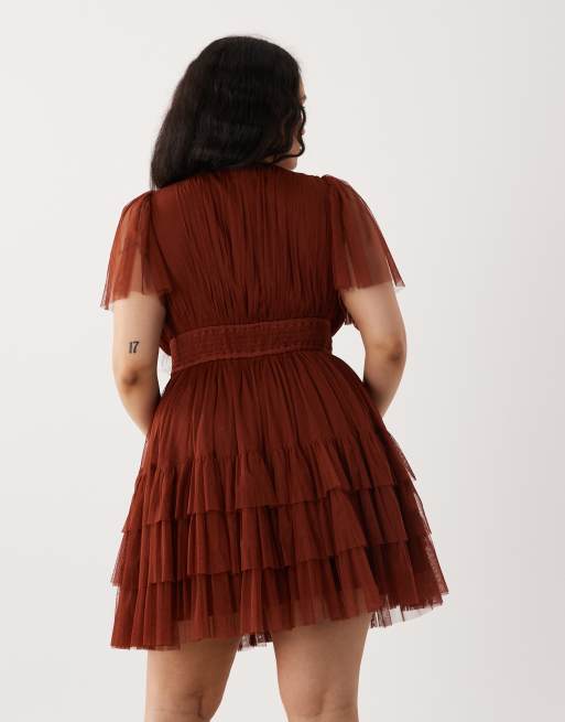Lace & Beads Plus v neck ruffle skirt mini dress in rust, 4 of 4