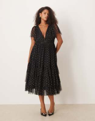 Lace & Beads Plus V-neck tulle midi dress in black polka dot
