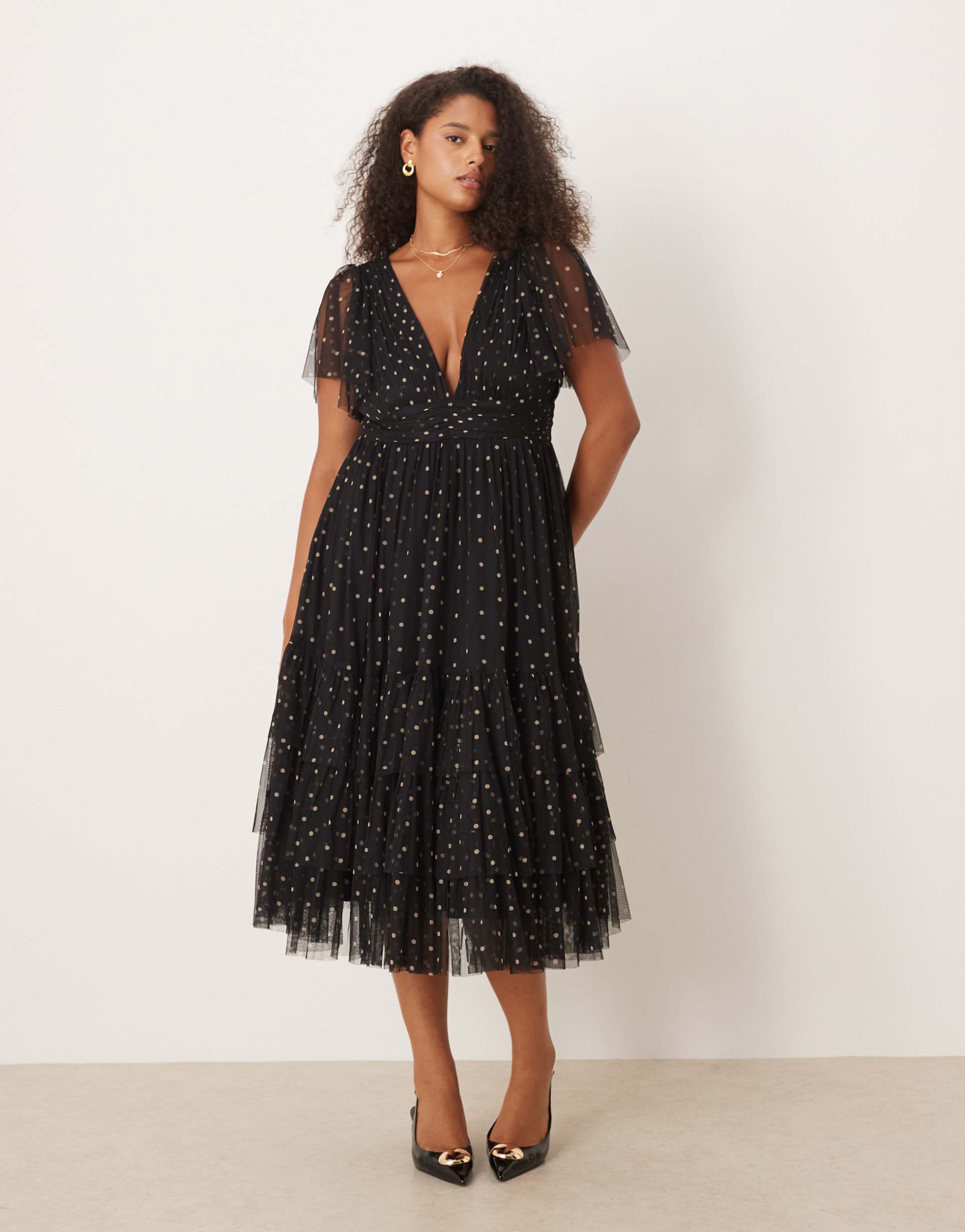lace & beads plus v-neck tulle midi dress in black polka dot