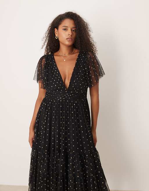 v neck polka dot dress The Navy Lace Ruched Maxi colored clothes and dark CIDER Women Polka Dot Knit