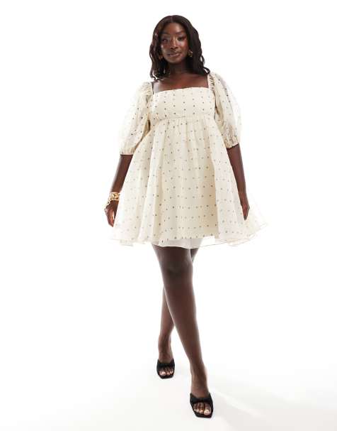 Lace & Beads Plus - Vestito corto in organza stile babydoll a pois con scollo squadrato - view 1