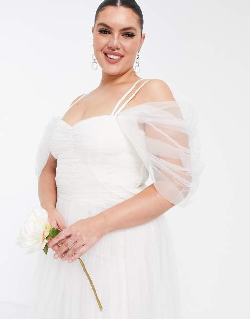 Lace & Beads Plus - Vestito da sposa lungo in tulle avorio incrociato sul retro, 3 di 4