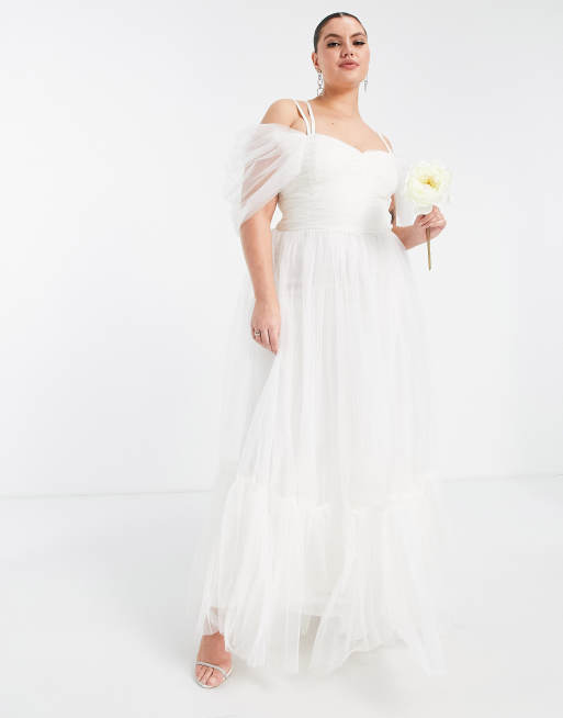Lace & Beads Plus - Vestito da sposa lungo in tulle avorio incrociato sul retro, 4 di 4