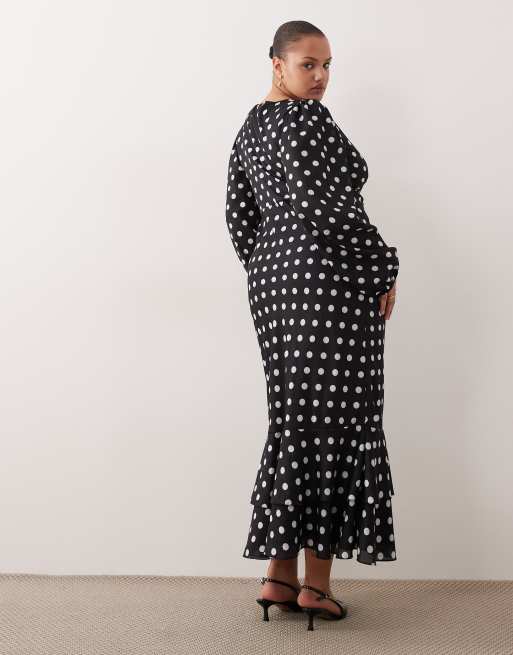 Lace & Beads Plus - Vestito lungo a balze con scollo profondo e maniche a palloncino a pois monocromatici, 2 di 4