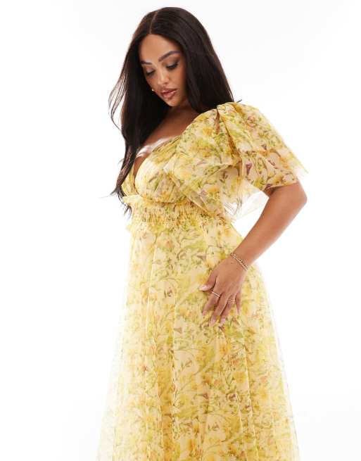 Lace & Beads Plus - Vestito lungo a balze in tulle giallo a fiori con maniche con volant, 4 di 4