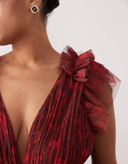 Lace & Beads Plus - Vestito lungo a balze in tulle rosso a fiori con maniche con volant e scollo profondo, 2 di 4