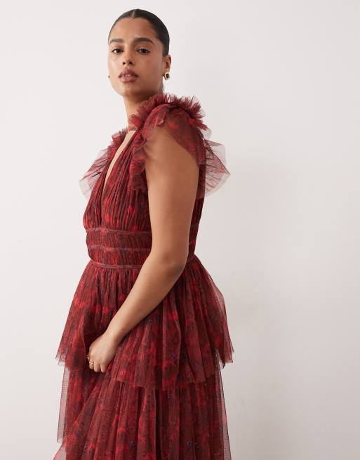 Lace & Beads Plus - Vestito lungo a balze in tulle rosso a fiori con maniche con volant e scollo profondo, 3 di 4