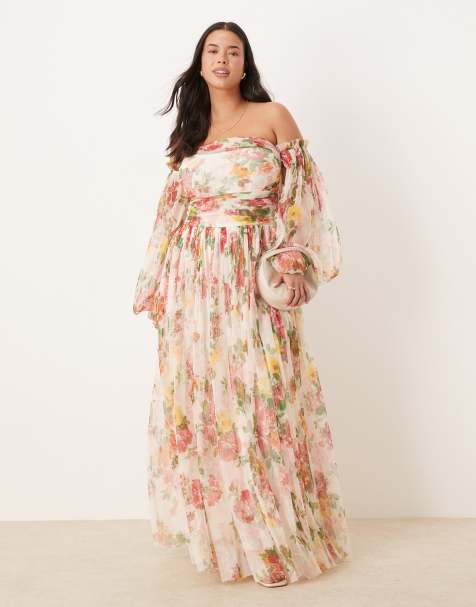 Lace & Beads Plus - Vestito lungo a fiori in colori accesi in tulle con volant - view 1