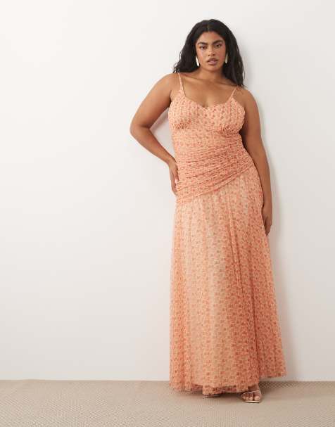 Lace & Beads Plus - Vestito lungo arricciato con corpino asimmetrico con spalline sottili arancione a fiorellini - view 1