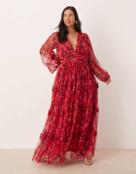 Lace & Beads Plus - Vestito lungo bohémien con rose rosa e rosse e volant - view 1