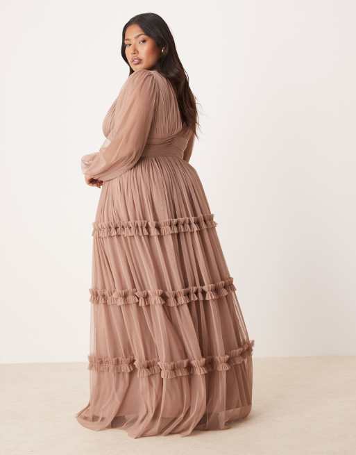 Lace & Beads Plus - Vestito lungo color talpa tenue con volant bohémien, 3 di 4
