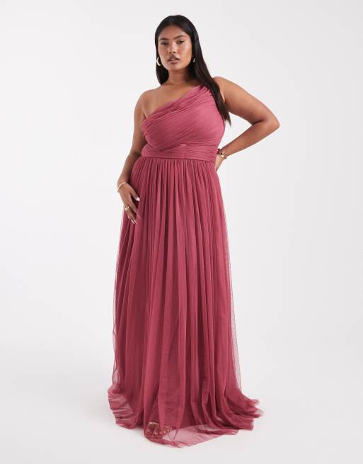 Lace & Beads Plus - Vestito lungo da damigella in tulle color orchidea con fiocco sulla spalla