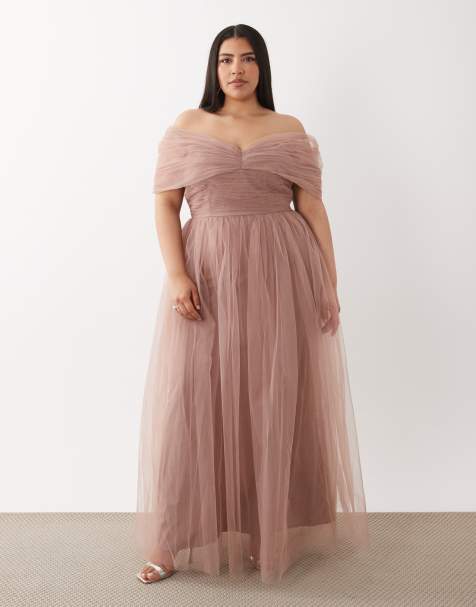 Lace & Beads Plus - Vestito lungo da damigella in tulle color talpa - view 1