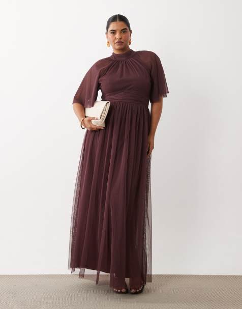Lace & Beads Plus vestito lungo in tulle con collo alto e maniche con volant color cioccolato - view 1