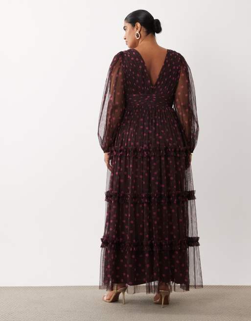 Lace & Beads Plus vestito lungo maxi a strati in tulle semitrasparente con maniche a palloncino e scollo profondo a pois rosa, 4 di 4