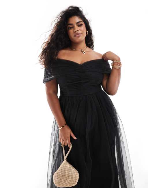 Lace & Beads Plus - Vestito lungo nero in tulle con spalle scoperte