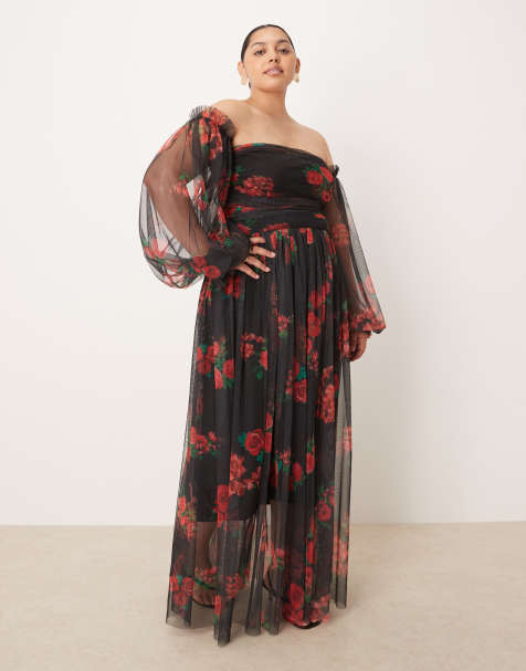 Lace & Beads Plus - Vestito lungo nero in tulle con stampa di rose, maniche a palloncino e spalle scoperte - view 1