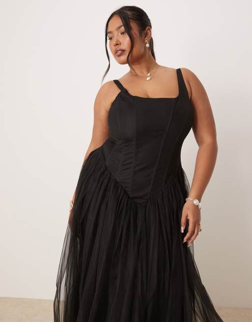 Lace & Beads Plus - Vestito lungo nero in tulle con vita scesa stile corsetto, 2 di 4