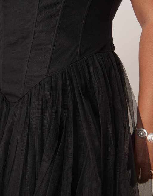 Lace & Beads Plus - Vestito lungo nero in tulle con vita scesa stile corsetto, 3 di 4