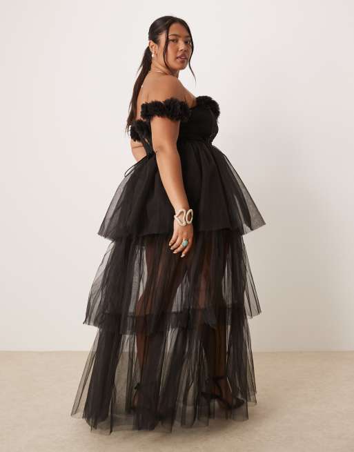 Lace & Beads Plus - Vestito lungo nero stile corsetto con rose, 3 di 4