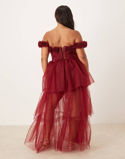 Lace & Beads Plus - Vestito lungo stile corsetto in tulle a balze bordeaux con rose, 4 di 4