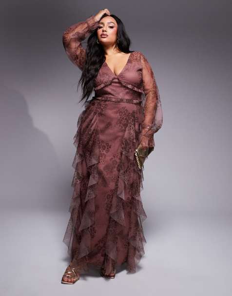Lace & Beads Plus - Vestito maxi a maniche lunghe marrone con stampa animalier e volant - view 1