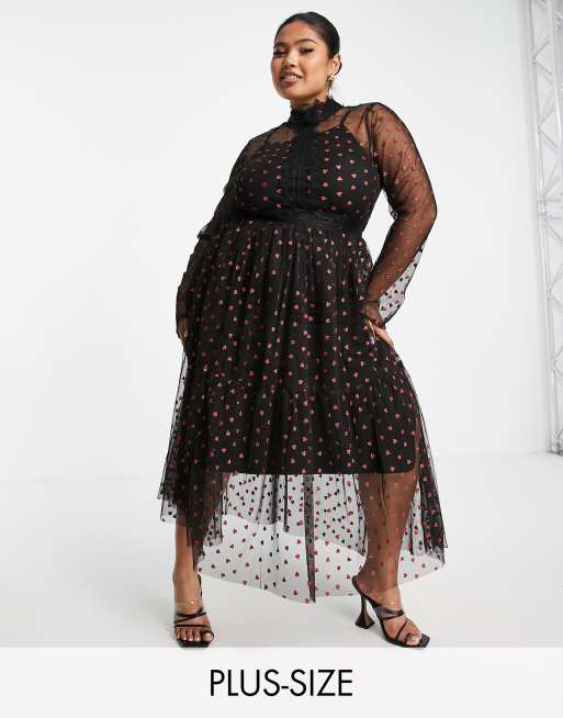 Lace & Beads Plus - Vestito midi a maniche lunghe con inserti in pizzo e motivo con cuori, colore nero