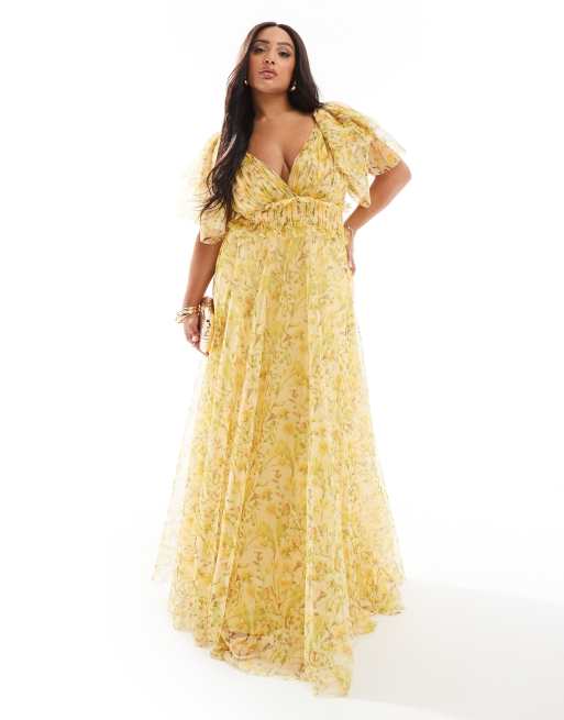 Lace & Beads Plus – Żółta warstwowa sukienka maxi z tiulu ze zwiewnymi rękawami i kwiatowym wzorem