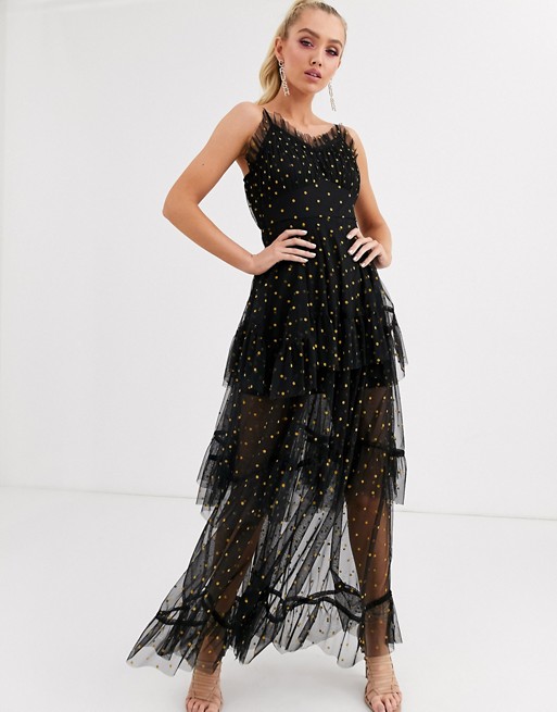 Lace & Beads polka dot tiered maxi dress in black and gold