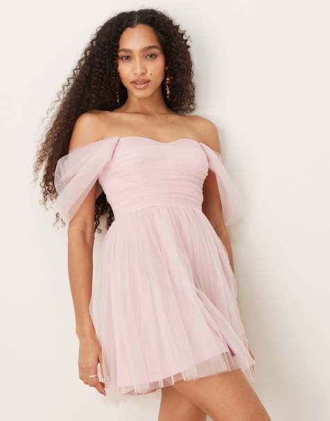 Lace & Beads - Pudderlyserød offshoulder-minikjole i tyl - view 1