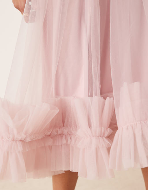 Lace & Beads – Puderrosa midaxiklänning i tyll med korsettliv och volangfåll, 3 av 4