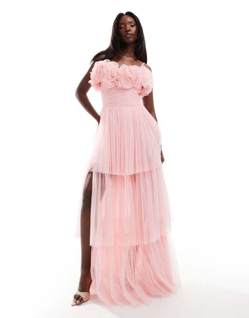 Lace & Beads – Pudroworóżowa gorsetowa sukienka tiulowa maxi