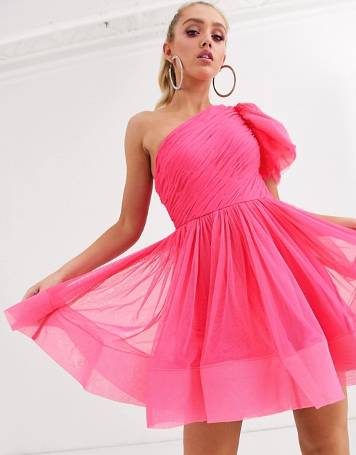 Lace & Beads puff ball sleeve mini prom dress in neon pink
