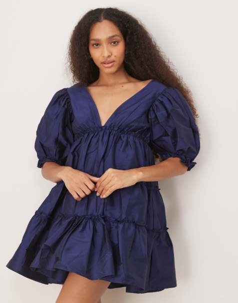 Lace & Beads puff sleave plunge mini dress in navy - view 1