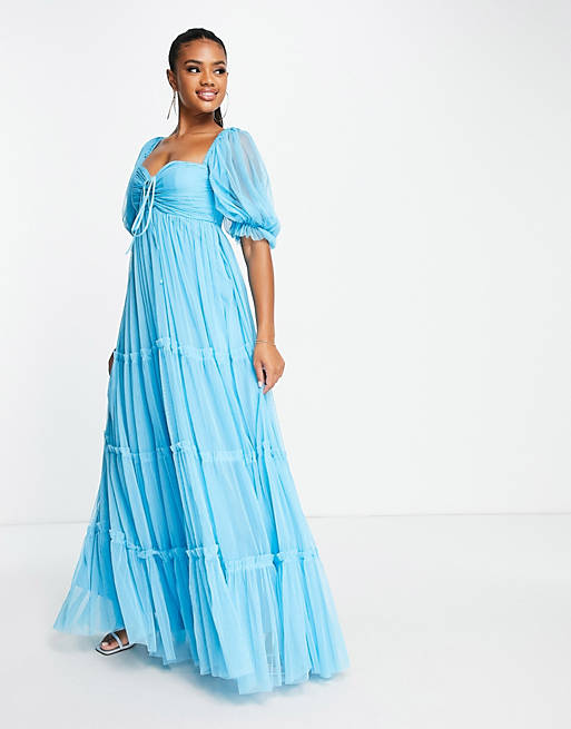 Lace & Beads puff sleeve maxi dress in powder blue