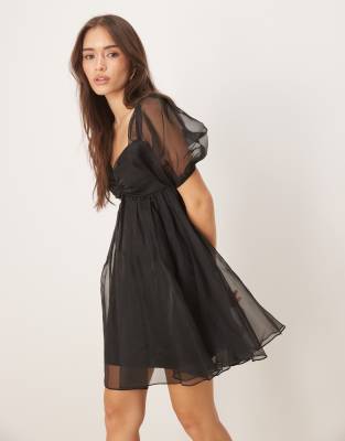Lace & Beads Puff Sleeve Organza Mini Dress