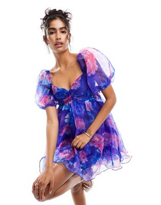 Lace & Beads puff sleeve organza mini dress in cobalt floral