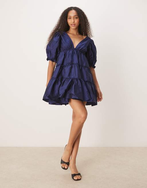 Lace & Beads Puff Sleeve Plunge Mini Dress in Navy