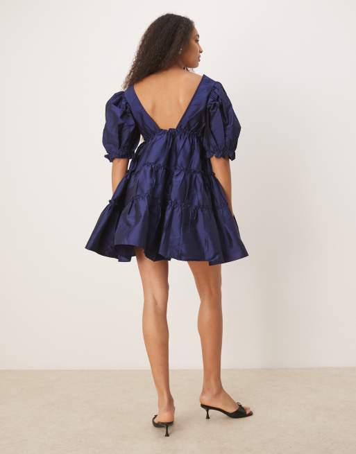Lace & Beads Puff Sleeve Plunge Mini Dress in Navy