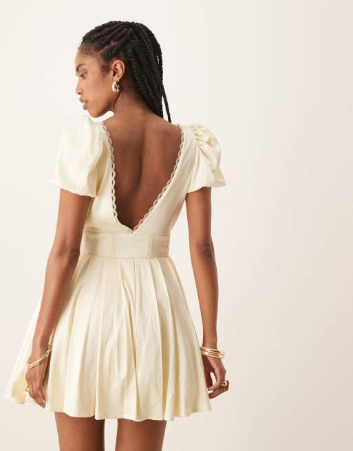 Lace & Beads puff sleeve satin corset mini dress in butter yellow