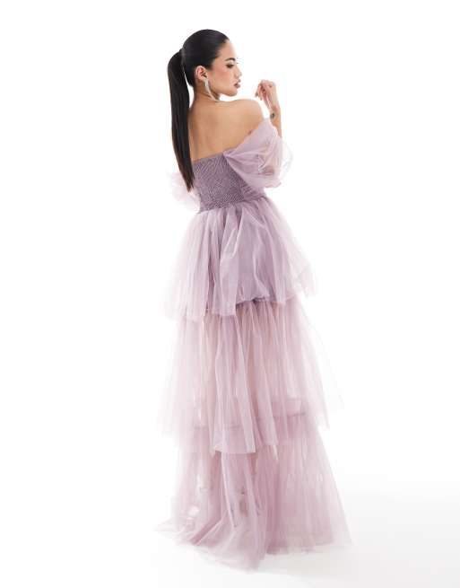 Lace & Beads puff sleeve tulle maxi dress in violet , 3 of 4