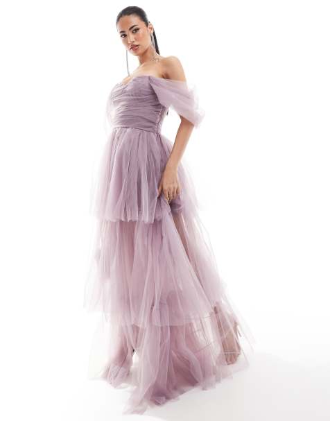 Lace & Beads puff sleeve tulle maxi in violet - view 1