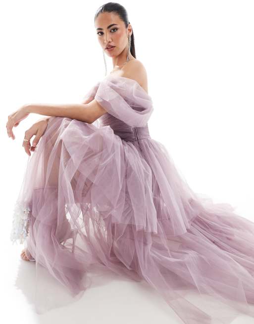 Lace & Beads puff sleeve tulle maxi in violet , 2 of 4