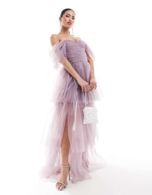 Lace & Beads puff sleeve tulle maxi in violet , 4 of 4
