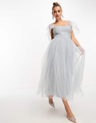 Lace & beads tulle midi dress with 3d outlet shirring detail